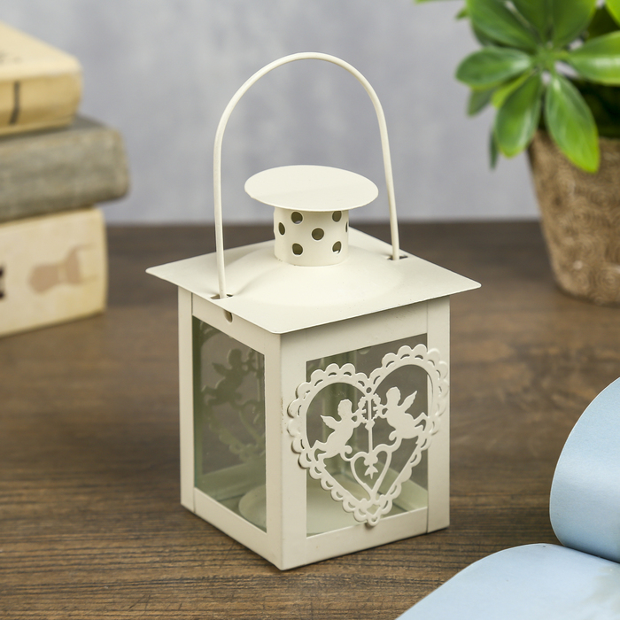 Подсвечник металл на 1 свечу фонарик "Ангелы в сердце" белый 10,5х7,5х7,5 см