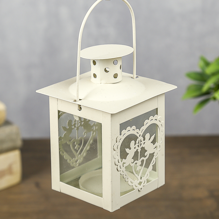 Подсвечник металл на 1 свечу фонарик "Ангелы в сердце" белый 10,5х7,5х7,5 см