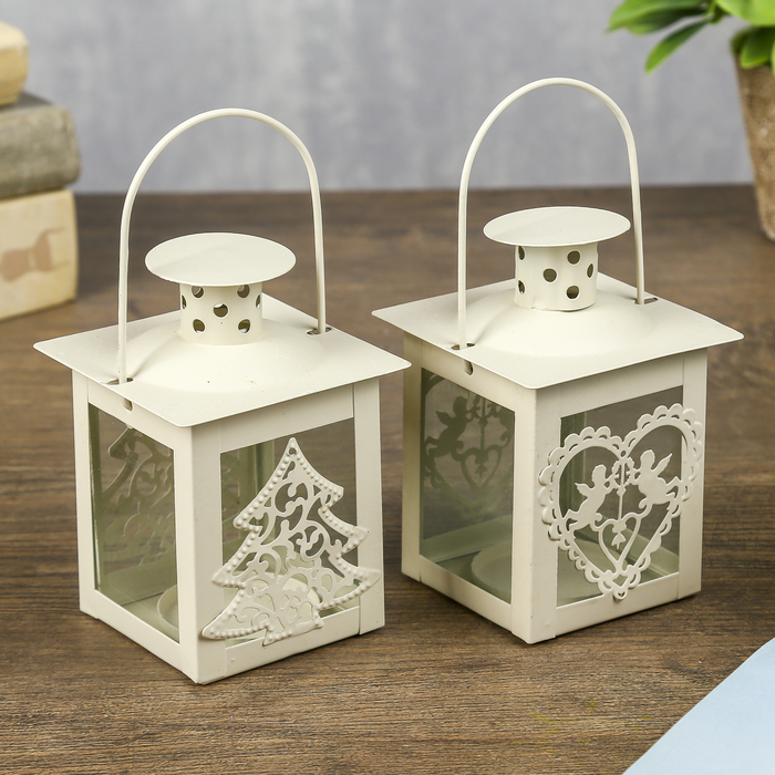 Подсвечник металл на 1 свечу фонарик "Ангелы в сердце" белый 10,5х7,5х7,5 см