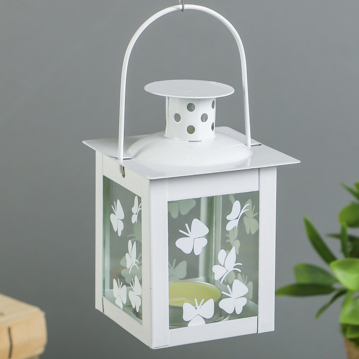 Подсвечник металл на 1 свечу фонарик "Бабочки" белый свеча в комплекте 10,5х7,5х7,5 см