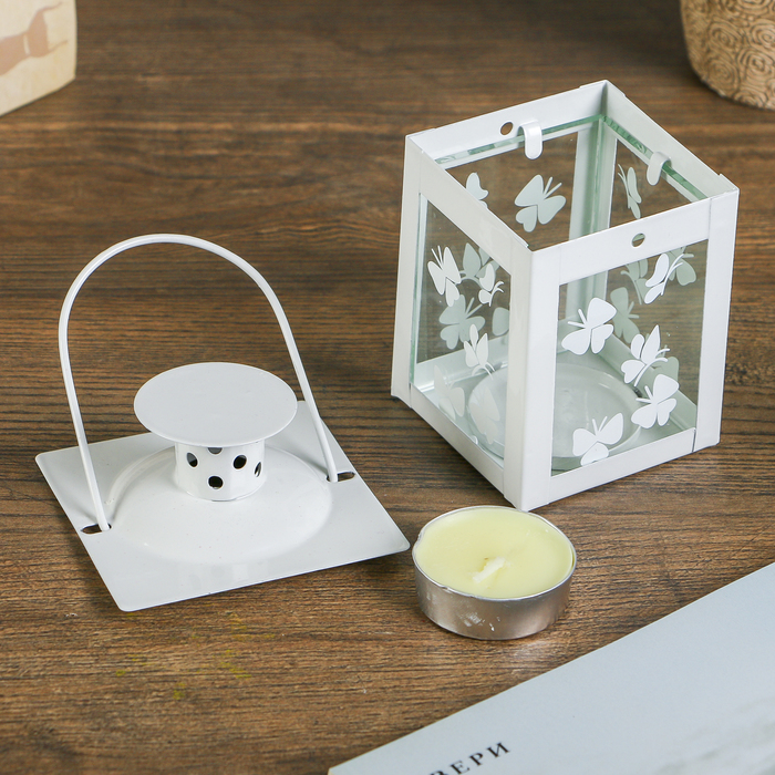 Подсвечник металл на 1 свечу фонарик "Бабочки" белый свеча в комплекте 10,5х7,5х7,5 см