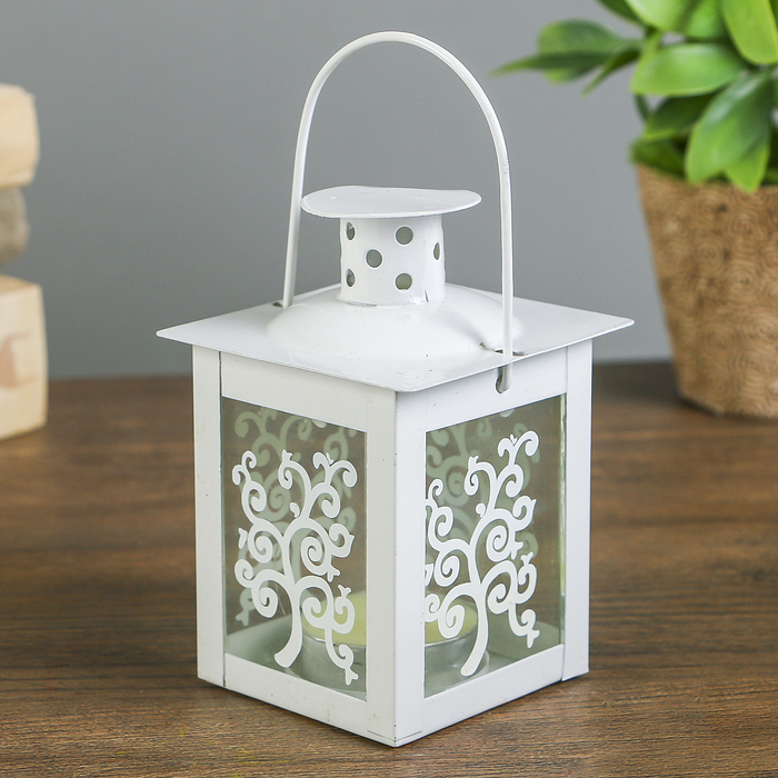 Подсвечник металл на 1 свечу фонарик "Деревце" белый свеча в комплекте 10,5х7,5х7,5 см