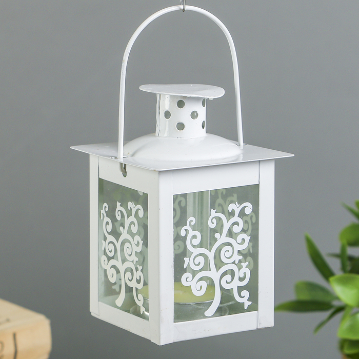 Подсвечник металл на 1 свечу фонарик "Деревце" белый свеча в комплекте 10,5х7,5х7,5 см