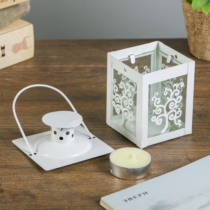 Подсвечник металл на 1 свечу фонарик "Деревце" белый свеча в комплекте 10,5х7,5х7,5 см