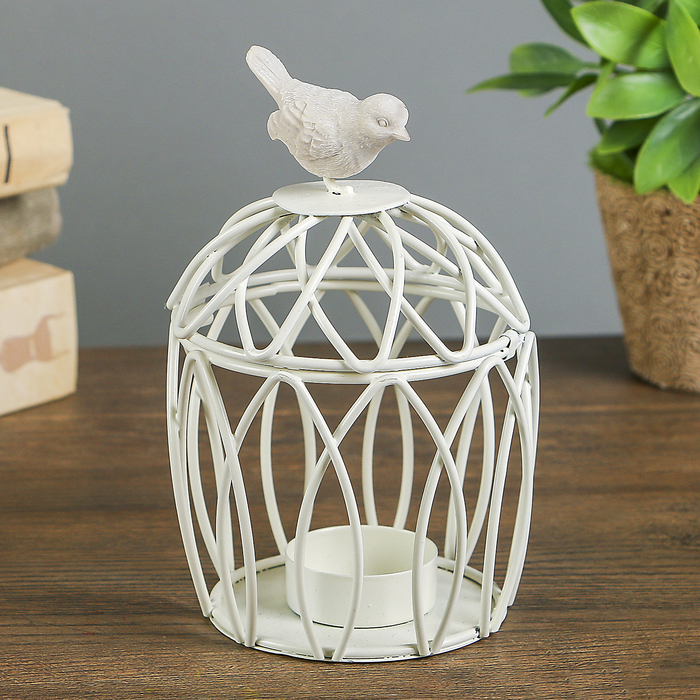 Подсвечник металл на 1 свечу "Птица на клетке" белый 15х9х9 см