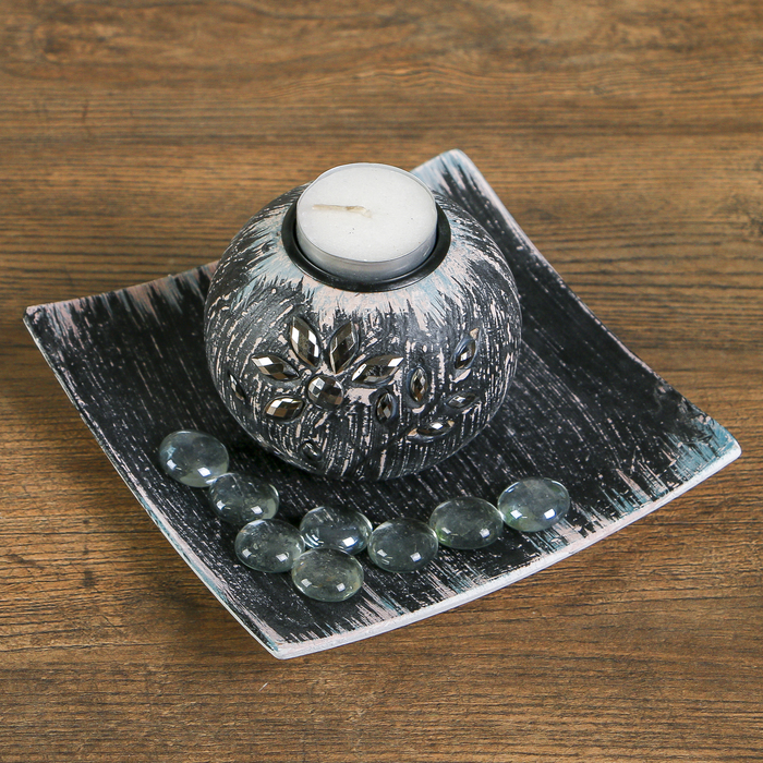 Подсвечник дерево на 1 свечу "Цветок из кристаллов" грифель 8х14,5х14,5 см