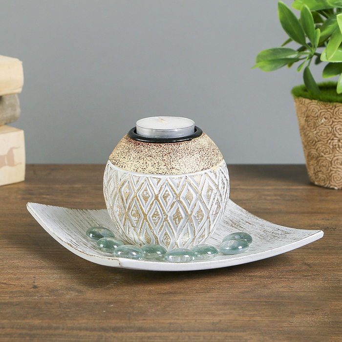 Подсвечник дерево на 1 свечу "Ромбики" золотая патина 8х14,5х14,5 см