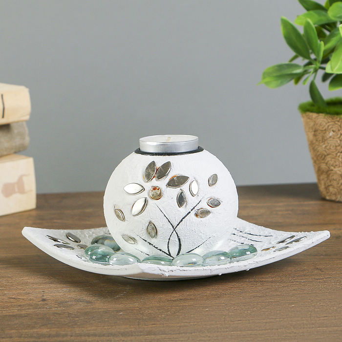 Подсвечник дерево на 1 свечу "Цветок из кристаллов" белый песок  8х14,5х14,5см