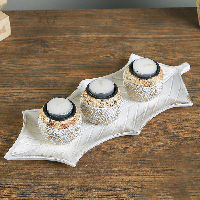 Набор подсвечников дерево на 3 свечи "Ромбики" золотая патина 7х36х15 см