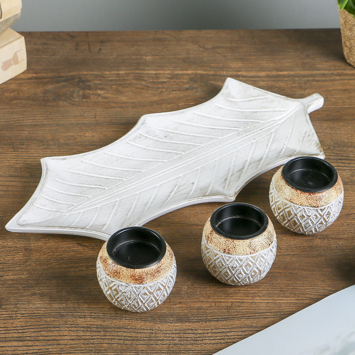 Набор подсвечников дерево на 3 свечи "Ромбики" золотая патина 7х36х15 см