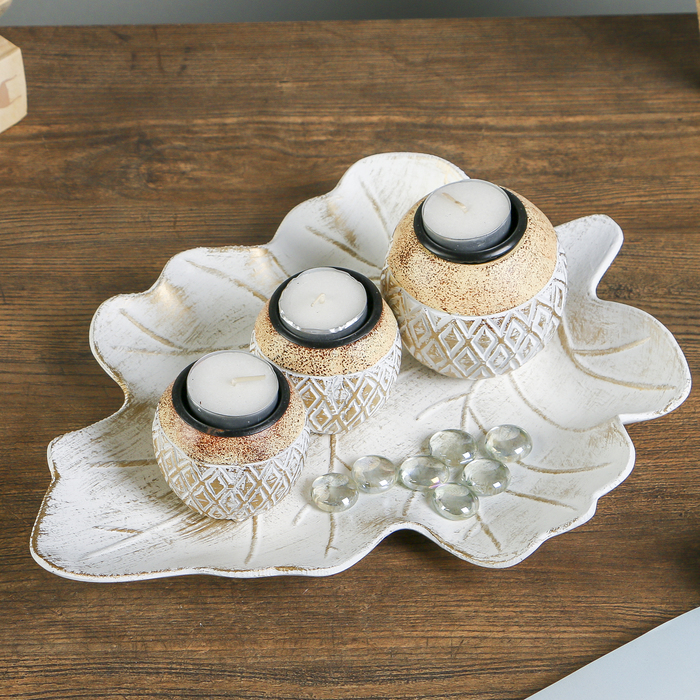 Набор подсвечников дерево на 3 свечи "Ромбики" золотая патина 9х33х23,5 см