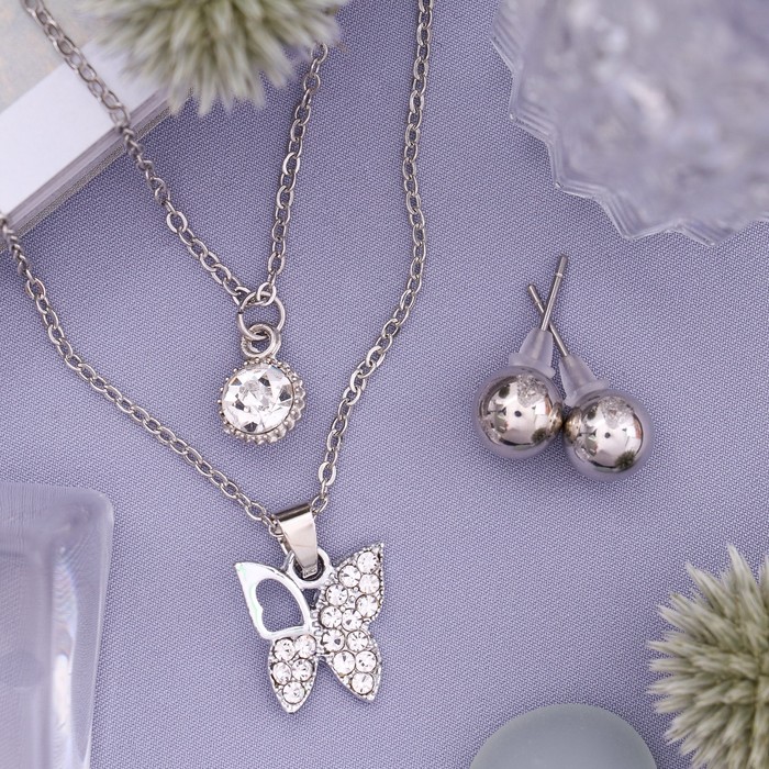 Гарнитур 2 предмета: серьги, кулон двойной "Бабочка", цвет белый в серебре, 45 см