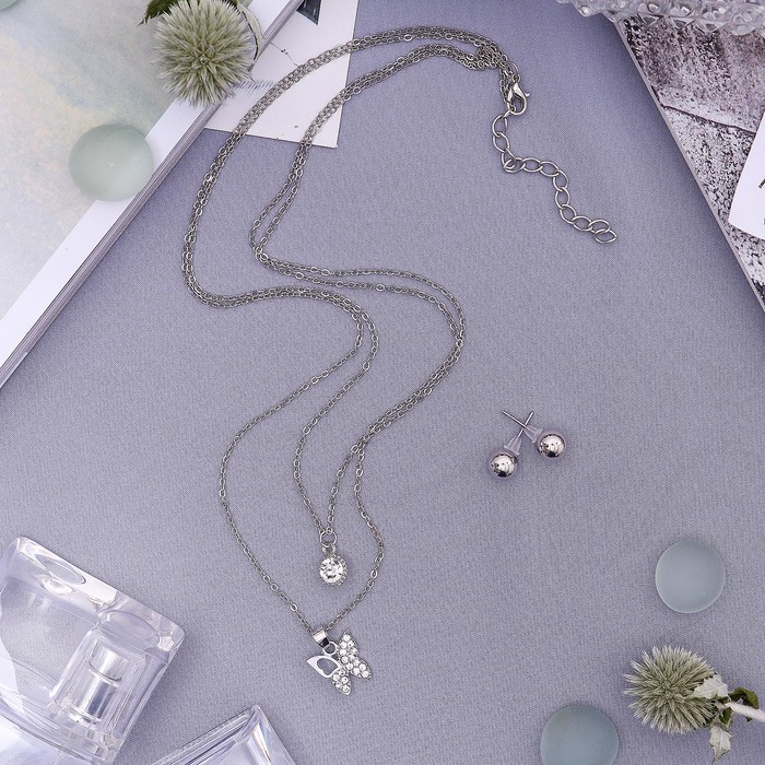 Гарнитур 2 предмета: серьги, кулон двойной "Бабочка", цвет белый в серебре, 45 см