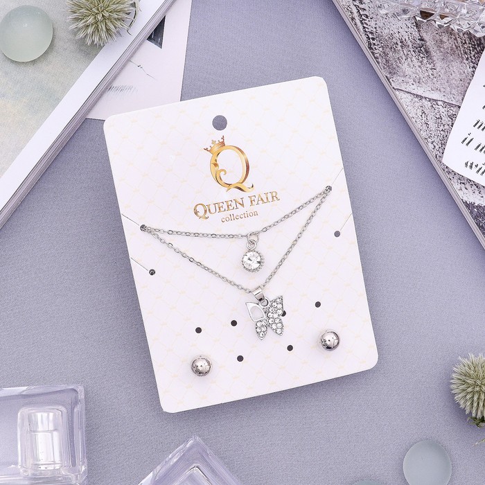 Гарнитур 2 предмета: серьги, кулон двойной "Бабочка", цвет белый в серебре, 45 см