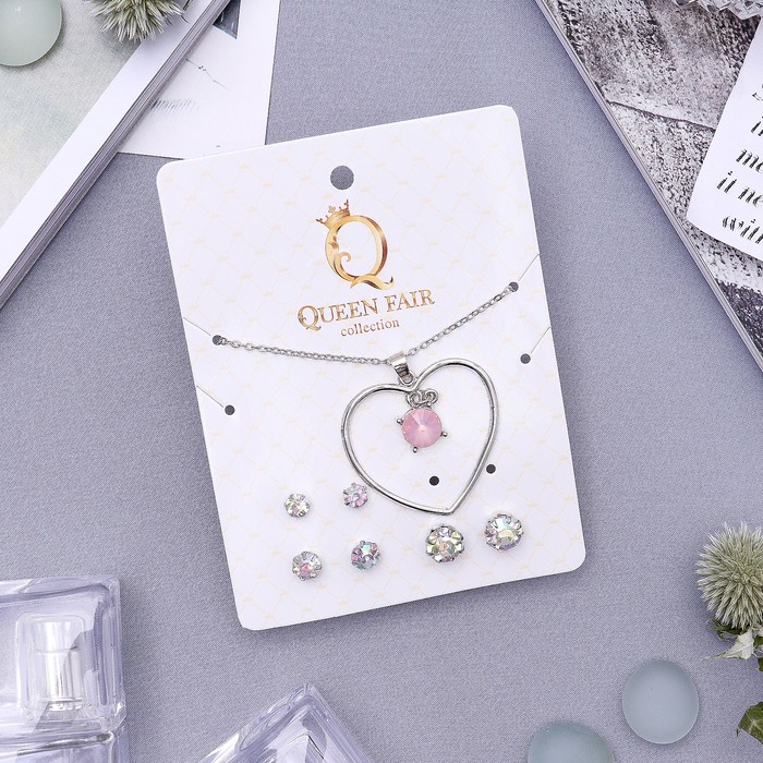 Гарнитур 4 предмета: серьги (3 пары), кулон "Сердце", цвет розовый в серебре, 45 см