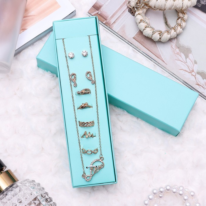 Набор 8 предметов: серьги (2 пары), кольцо (5 шт), кулон "Бесконечность", цвет белый в золоте