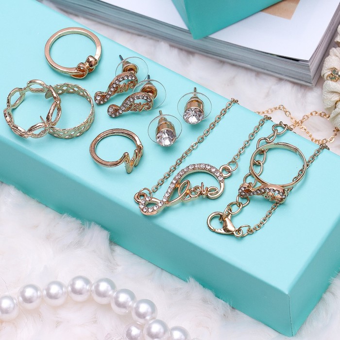 Набор 8 предметов: серьги (2 пары), кольцо (5 шт), кулон "Бесконечность", цвет белый в золоте