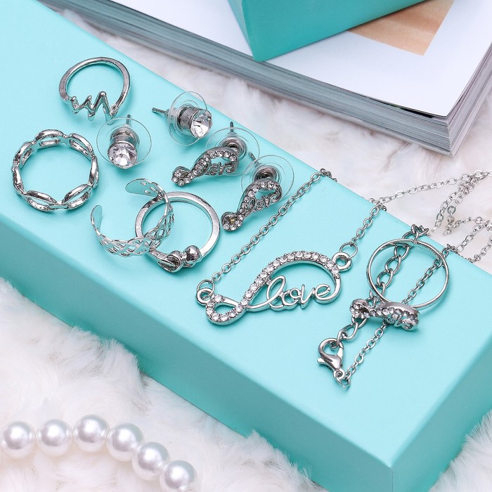 Набор 8 предметов: серьги (2 пары), кольцо (5 шт), кулон "Бесконечность", цвет белый в серебре