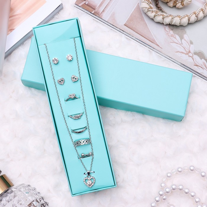 Набор 8 предметов: серьги (2 пары), кольцо (5 шт), кулон "Сердце", цвет белый в серебре