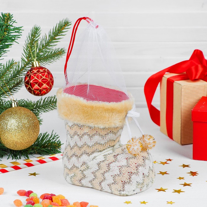 Конфетница "Сапожок" бежевый с помпонами, на завязках, вместимость 400 г