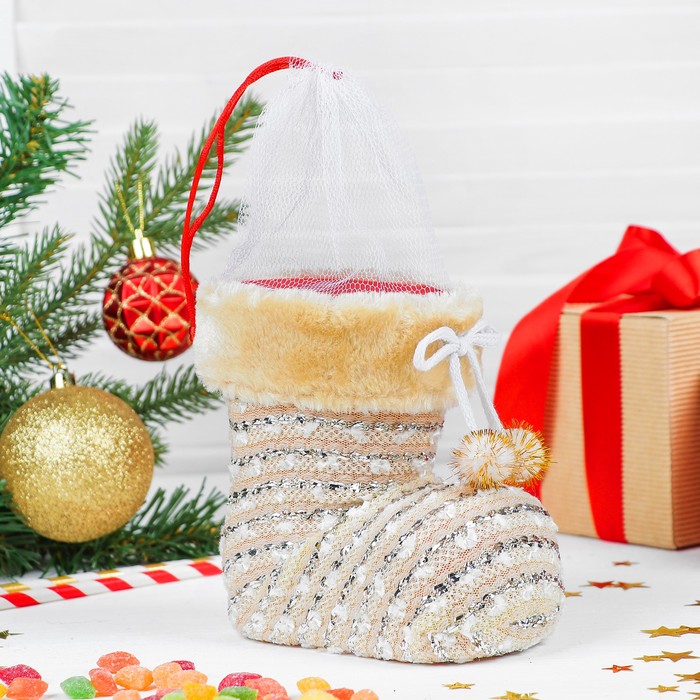 Конфетница "Сапожок" бежевый в белую полоску. на завязках, вместимость 400 г