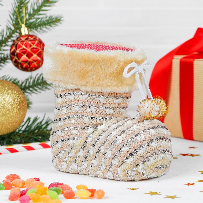 Конфетница "Сапожок" бежевый в белую полоску. на завязках, вместимость 400 г