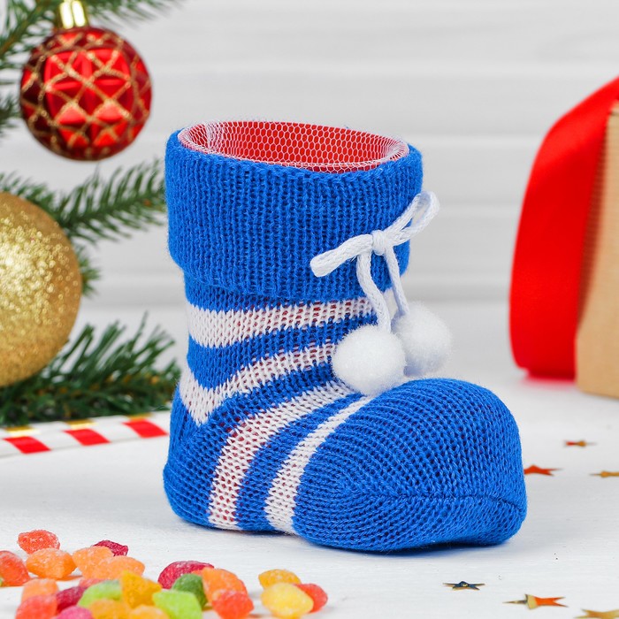 Конфетница "Сапожок" белые полосы, на завязках, цвет синий, вместимость 300 г