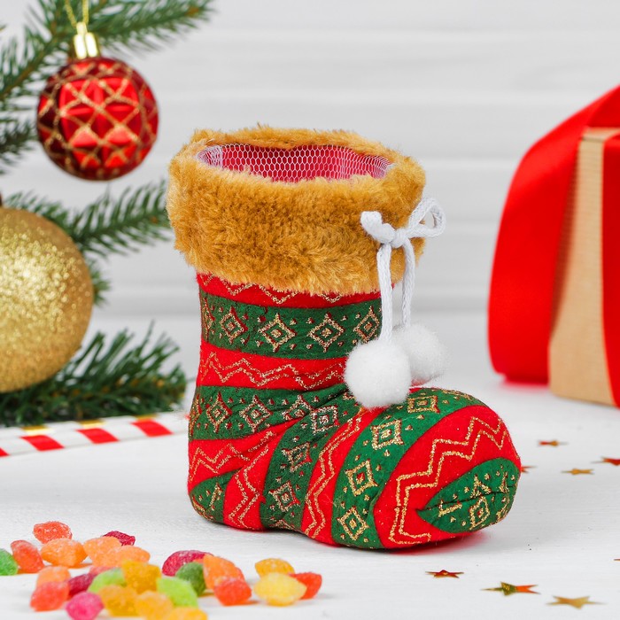 Конфетница "Сапожок" полосатые с белыми помпонами, цвета МИКС