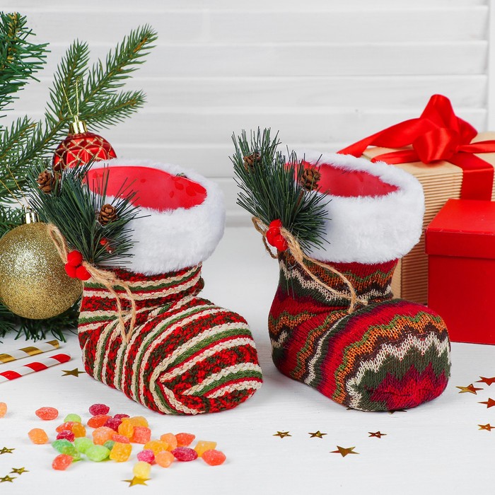 Конфетница "Сапожок" в полоску с еловой веточкой, виды МИКС