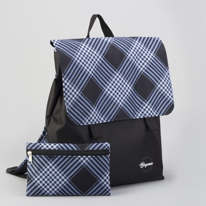 Рюкзак молодёжный, с косметичкой, отделы на молнии, цвет чёрный/голубой