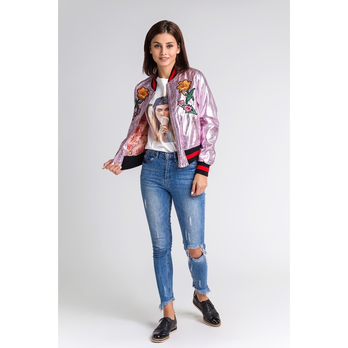 Бомбер вышивка р.42, цв. розовый металлик,