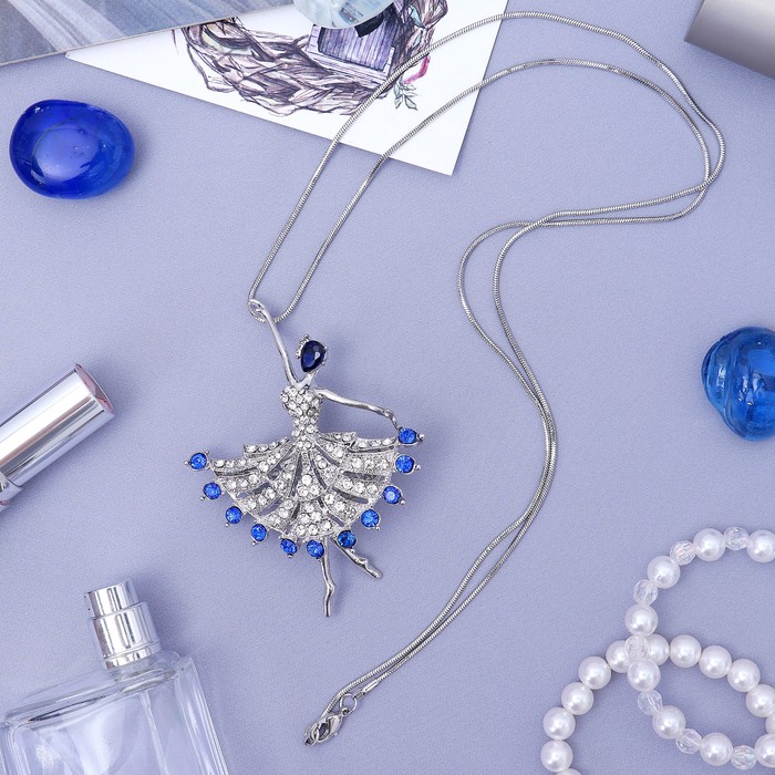 Кулон "Балерина" в танце, цвет бело-синий в серебре, 72 см