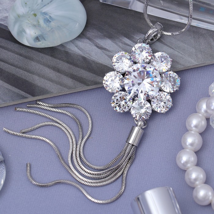 Кулон "Циркон" цветок с кистью, цвет белый в серебре, 72 см