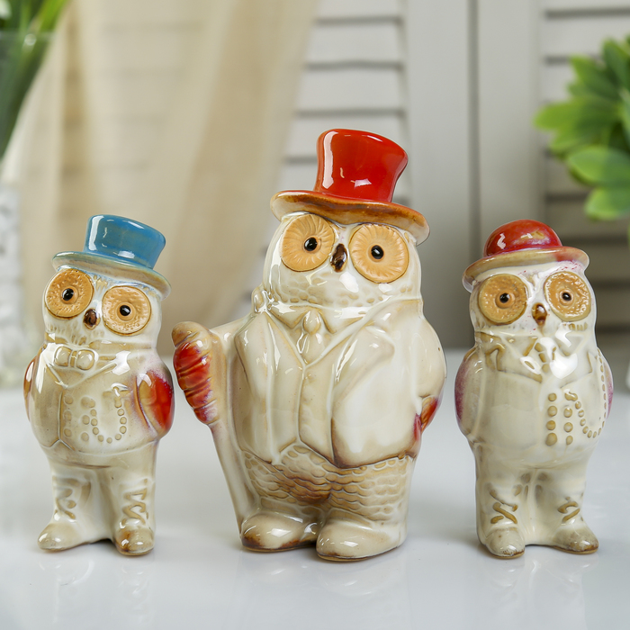 Сувенир керамика "Филины джентльмены" набор 3 шт 14х8,3х5,2 см