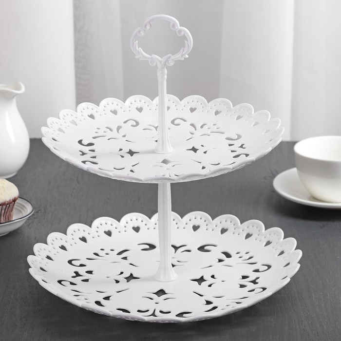 Блюдо 2 яруса "Кружево" круглое 22/26 см, цвет белый