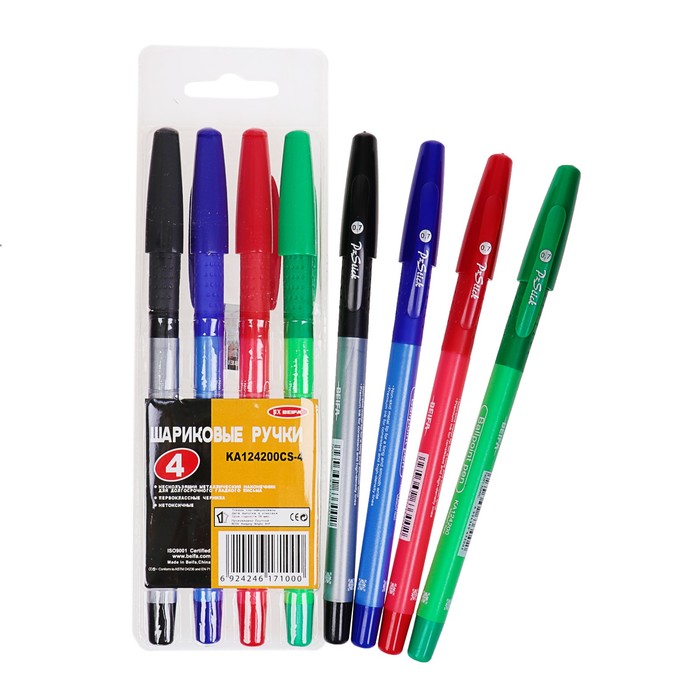 Набор ручек шариковых 4 штуки BEIFA, узел 0.7мм, чернила синие, трехгранный корпус, металлический наконечник, резиновый упор, европодвес