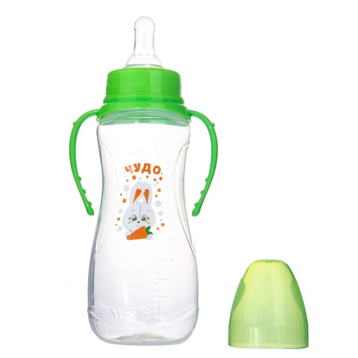 Бутылочка для кормления «Зайка тяпа» детская приталенная, с ручками, 250 мл, от 0 мес., цвет зелёный