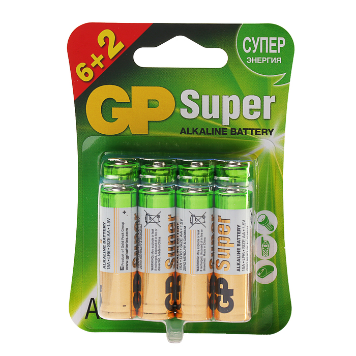 Батарейка алкалиновая GP Super, LR6-8BL, АА, блистер, 8 шт