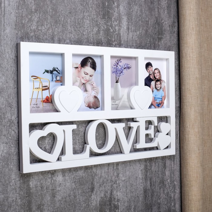 Фоторамка пластик на 4 фото 10х15 см "Любовь. Сердечки" белая 29,5х46,5 см