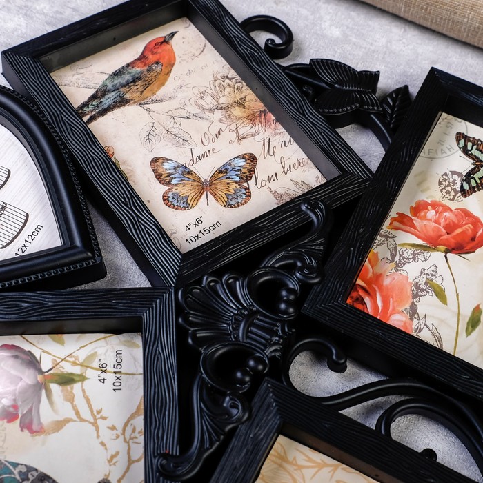 Фоторамка пластик на 5 фото 10х15, 12х12 см "Бабочки и вензель" чёрная 34,5х37 см