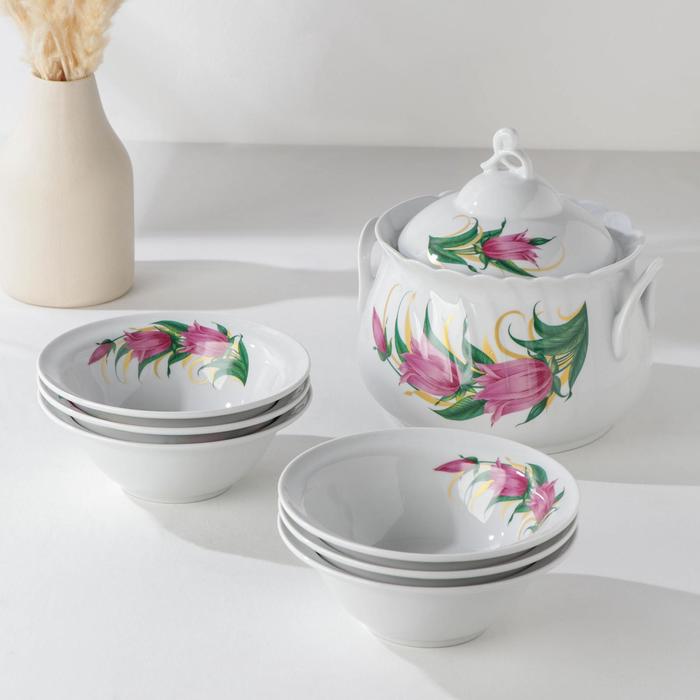 Набор для пельменей "Колокольчики", 7 предметов: ваза для супа 2,2 л, 6 мисок 600 мл