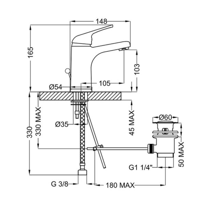 Смеситель для умывальника Zipponi ARA, средний, 1-рычажный с донным клапаном, цвет хром