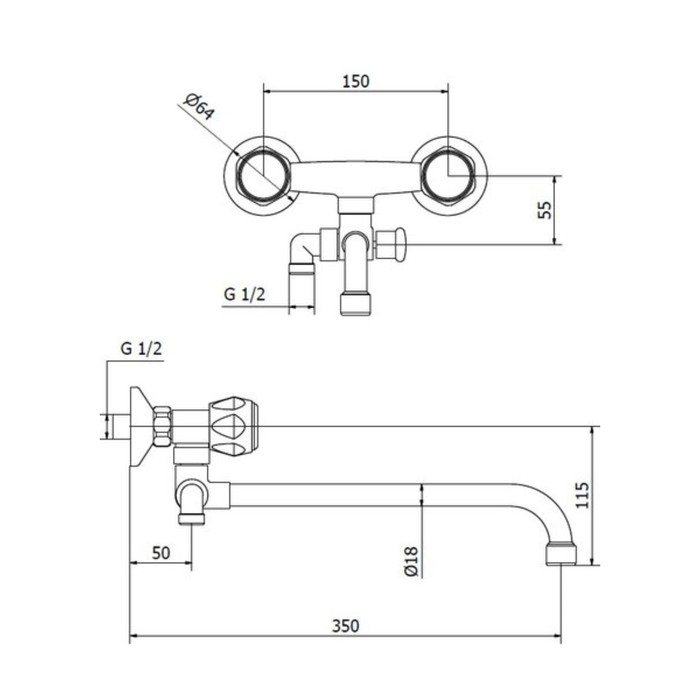Смеситель для ванны Zipponi MONET, 2-вентильный с дивертором, трубчатый излив, цвет хром