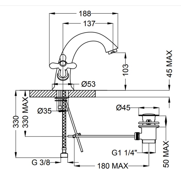 Смеситель для умывальника Zipponi MONET, 2-вентильный с донным клапаном, цвет хром
