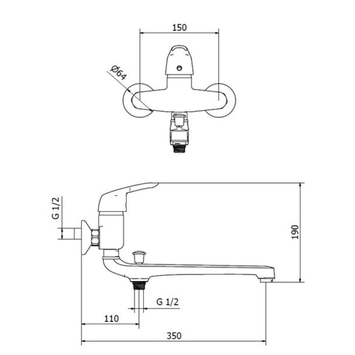 Смеситель для ванны Zipponi OMEGA, 1-рычажный с дивертором, излив 350 мм, с ручной лейкой в комплекте