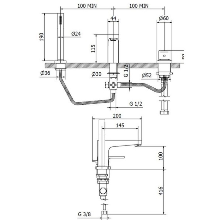 Смеситель встраиваемый на борт ванны Zipponi ZEN, 3 отверстия, цвет хром