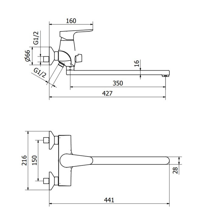 Смеситель для ванны Zipponi ZEN, 1-рычажный с дивертором, излив 350 мм, с ручной лейкой в комплекте
