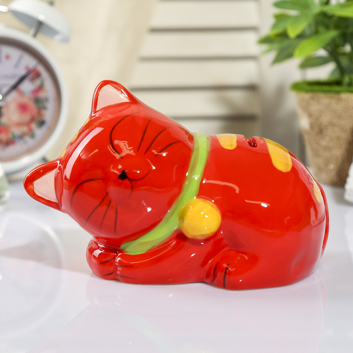 Копилка керамика "Спящий котик с колокольчиком на шее" МИКС 10х15,5х10 см