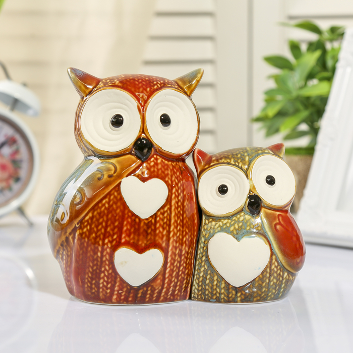 Сувенир керамика "Семейство филинов - вязаные" набор 2 шт 14,5х15х10 см
