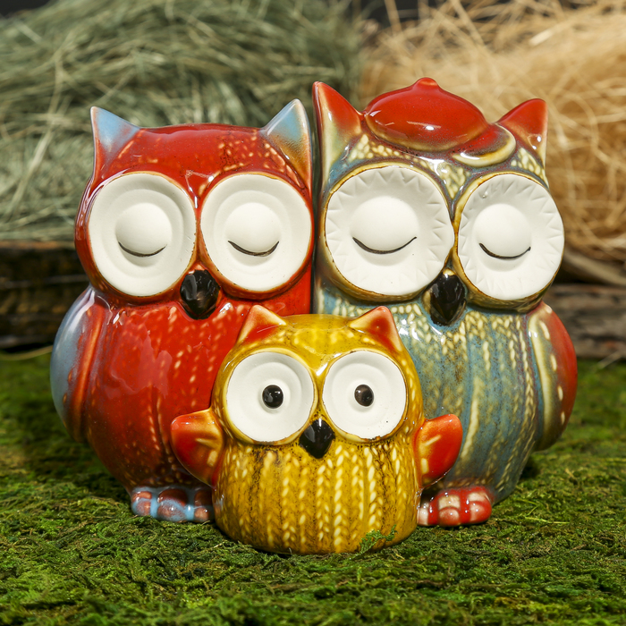 Сувенир керамика "Семейство филинов - вязаные" набор 3 шт 13х18х12 см